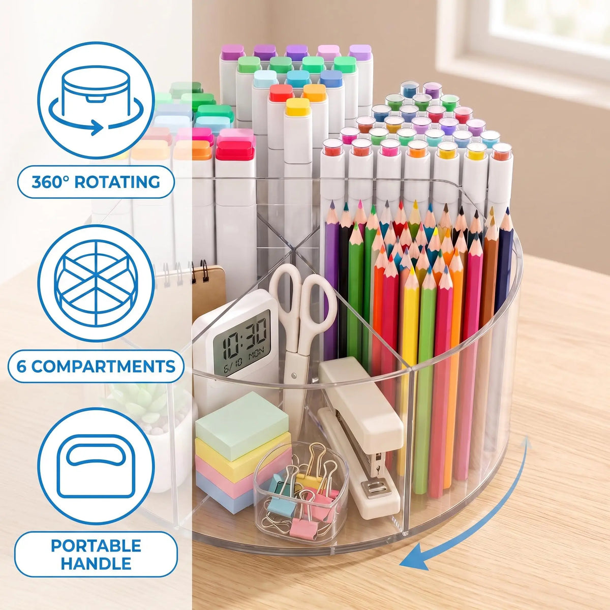 Spinning Acrylic Desk Pen Holder 360 Degree With 6 Compartments And Handle