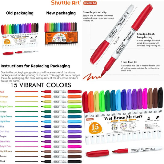 Shuttle Art Wet Erase Markers 15 Colors 1mm Fine Tip