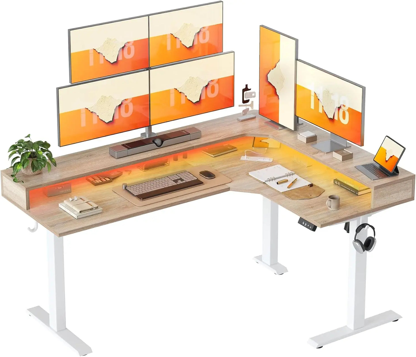 63'' L-Shaped Standing Desk with LED Light Strip and Power Outlet