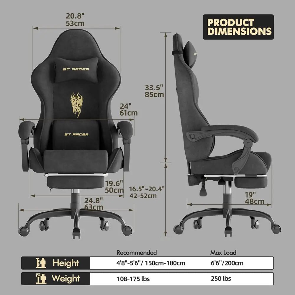 Velvet Fabric Gaming Chair with Footrest and Massage