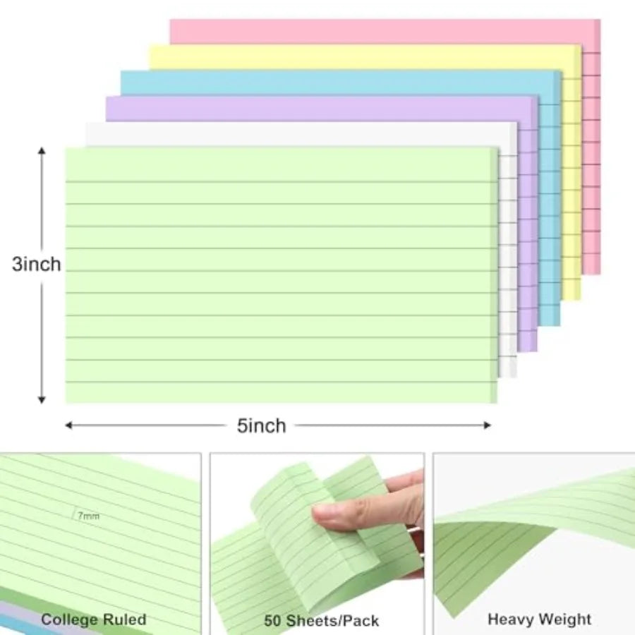 300 Count 3x5 Inch Colored Ruled Index Cards with Ruled Lines