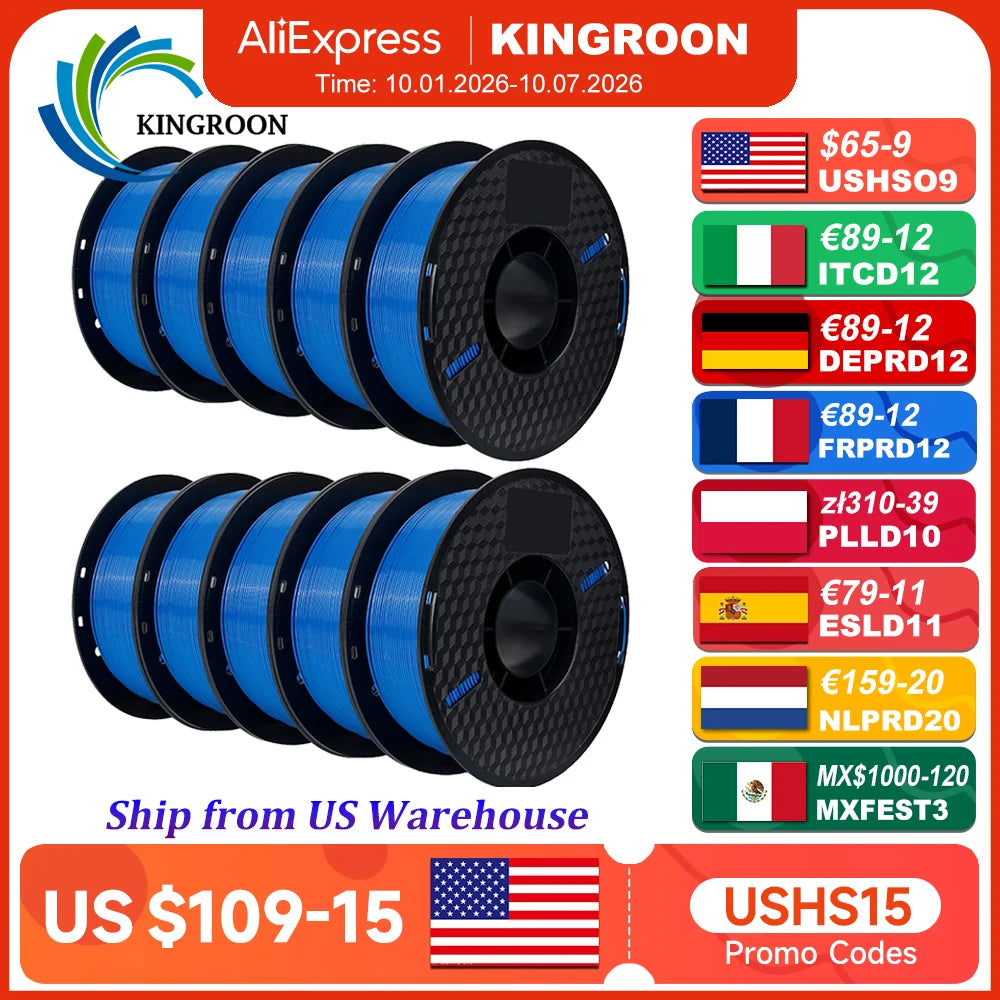 KINGROON 10KG PLA Filament PETG 3D Filament 1.75mm 10 Rolls/Set