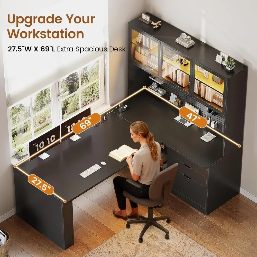 L Shaped Corner Gaming Desk with 3 Wood Drawer and Large Bookshelf