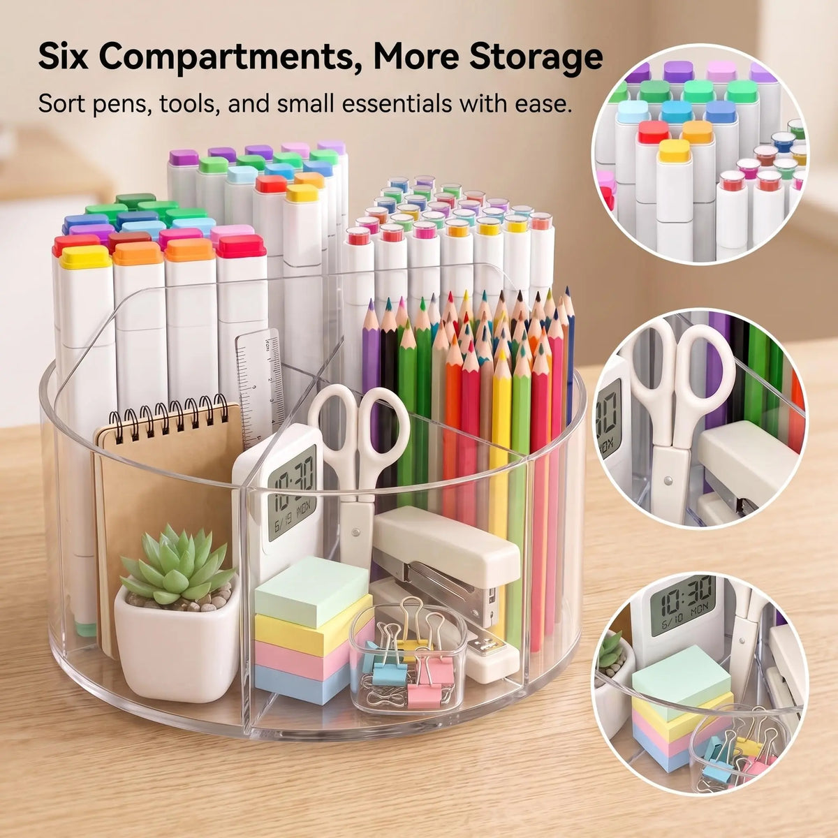 Spinning Acrylic Desk Pen Holder 360 Degree With 6 Compartments And Handle