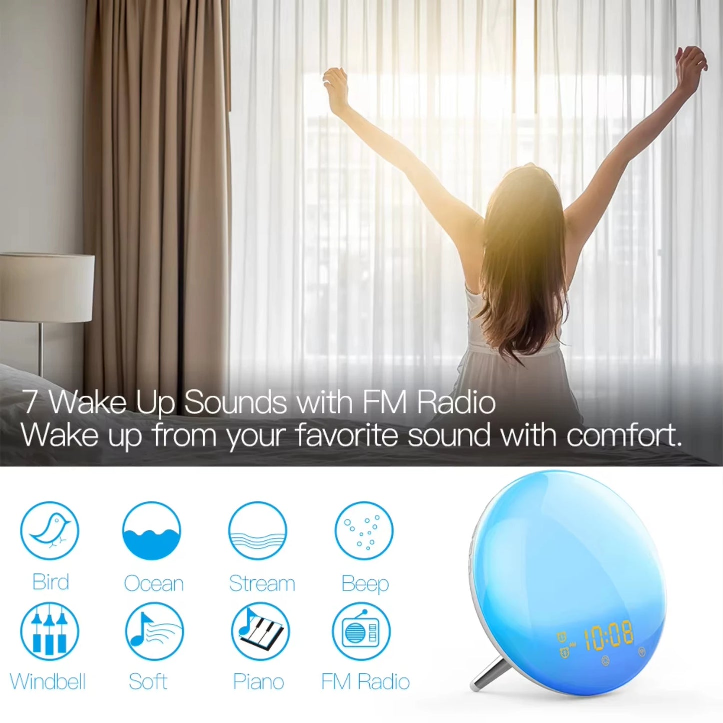 WiFi Smart Wake Light Workday Alarm Clock with 7 Colors