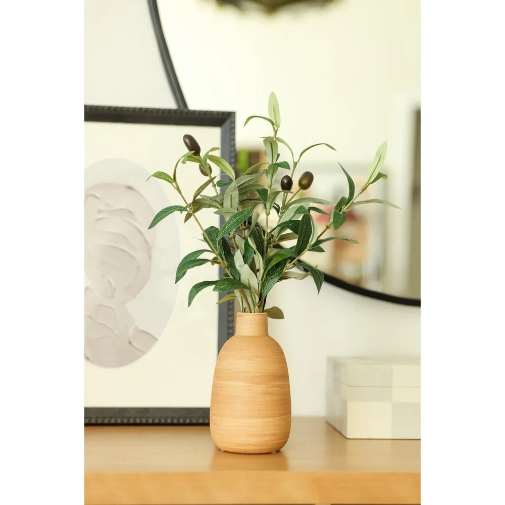 15 Inch Artificial Olive Plant in Wood Finish Ceramic Vase