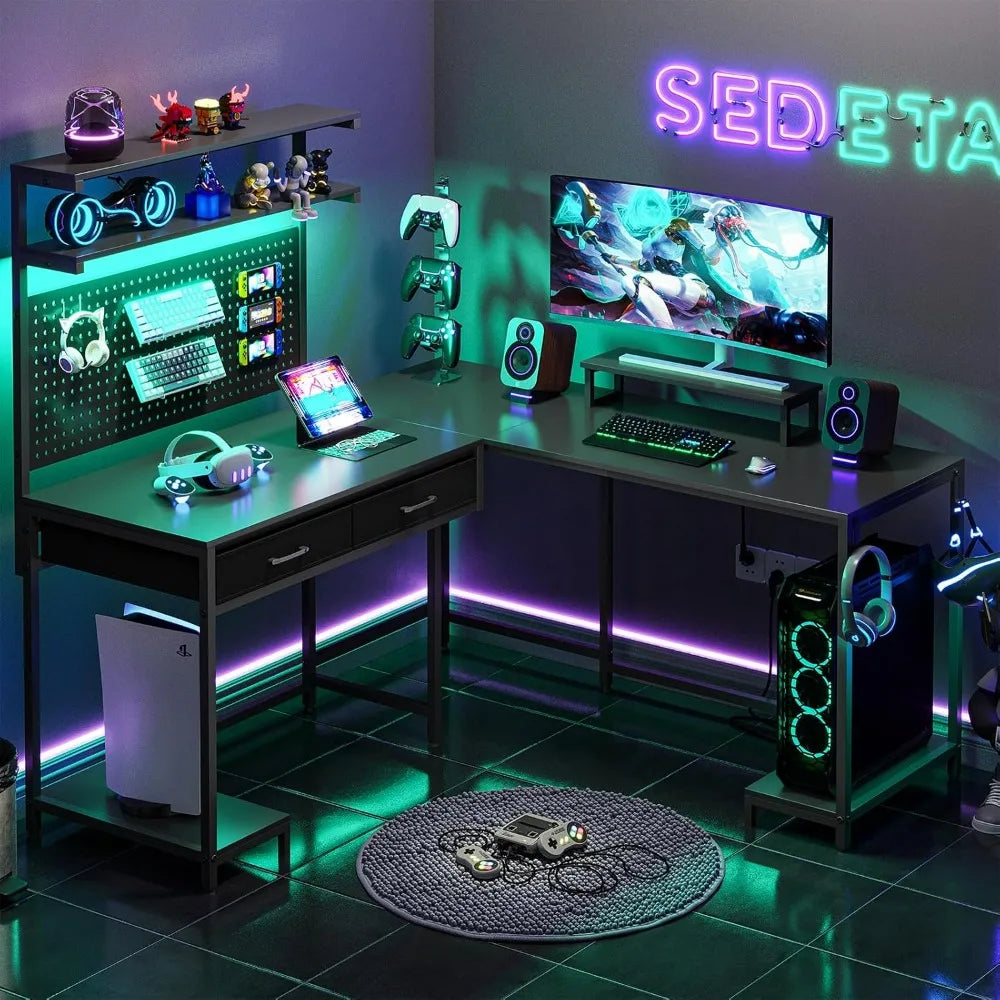L Shaped Gaming Desk with LED Lights, Pegboard and Drawers