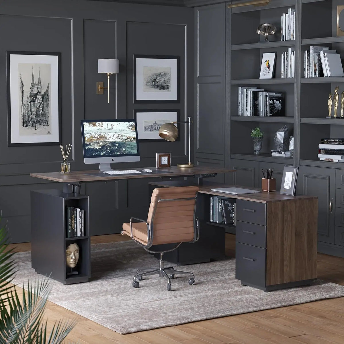 63" L Shaped Standing Desk with Storage, Height Adjustable Table