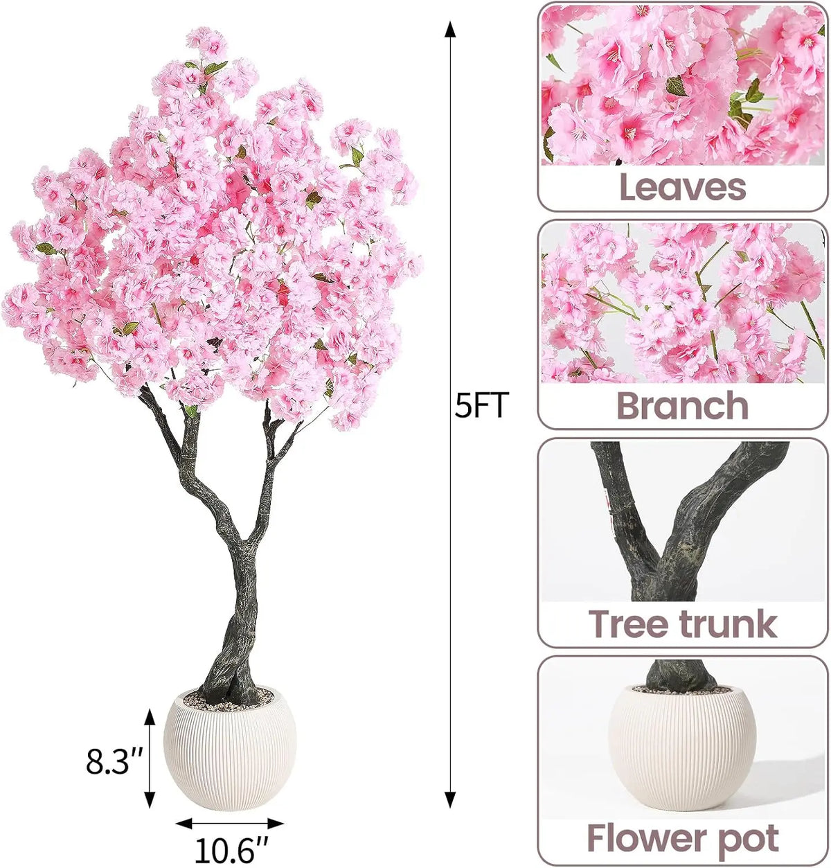 Artificial Cherry Blossom Tree with White Planter & Adjustable Branches