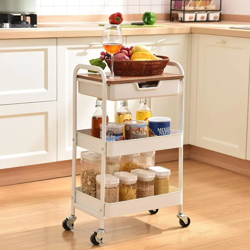 3-Tier Utility Rolling Cart with Wooden Board and Drawer