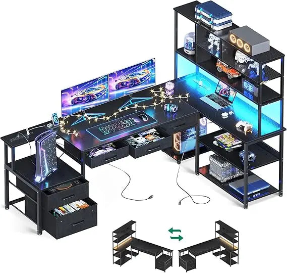 79 inch L Shaped Desk with 5 Drawers, LED Light & 2 Power Outlets