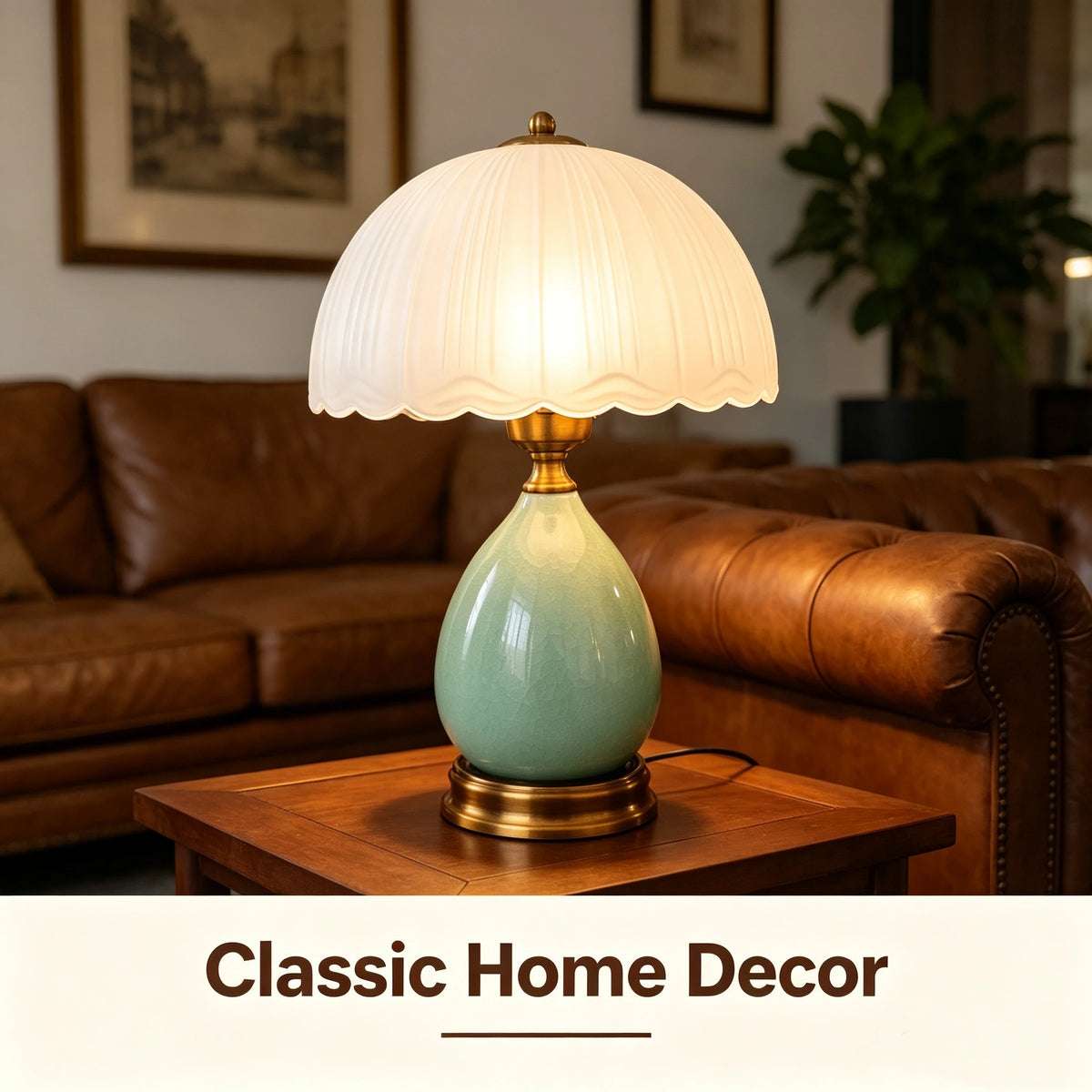 Vintage Crackle Green Ceramic Table Lamp with Frosted Glass Shade