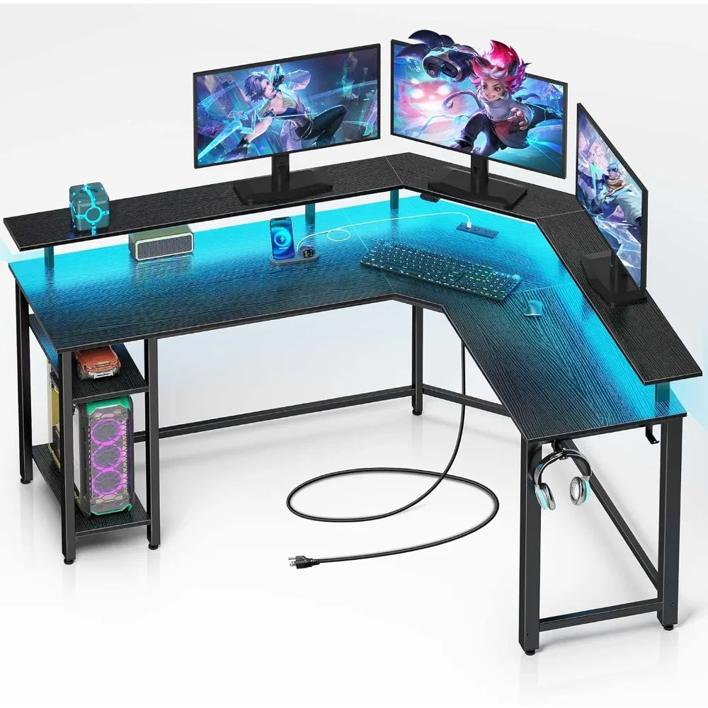 HOT-L Shaped Gaming Desk With LED Lights & Power Outlets, 46.2"