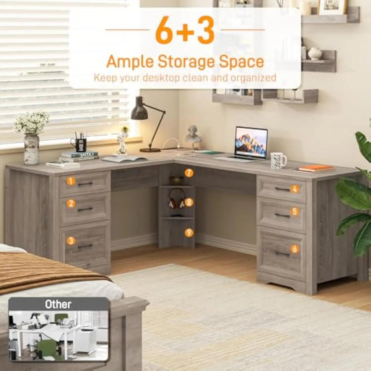 L Shaped Modern Desk with 4 Large Drawers Built-in Power Hub