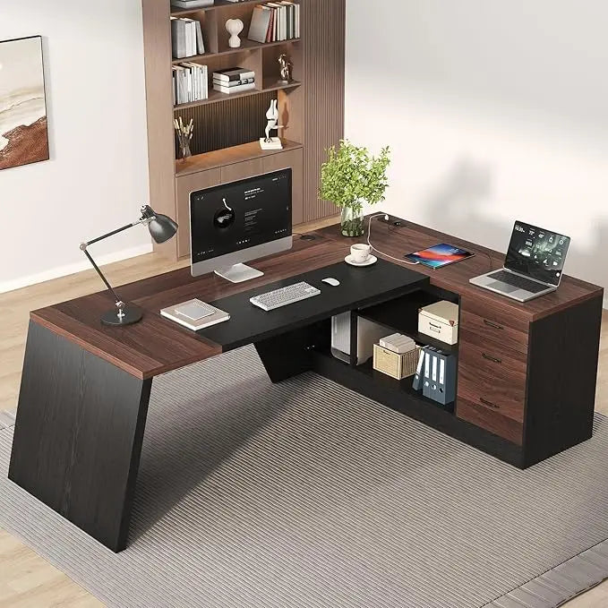 L-Shaped Executive Desk with Power Outlet, 78-Inch