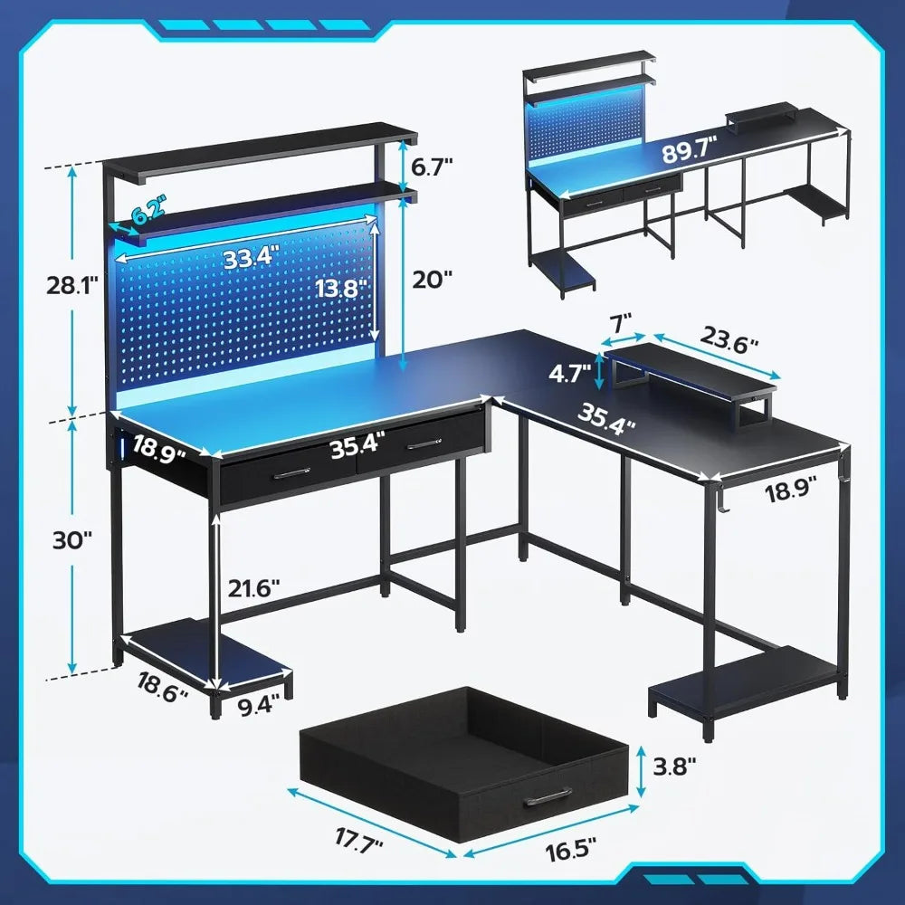 L Shaped Gaming Desk with LED Lights, Pegboard and Drawers