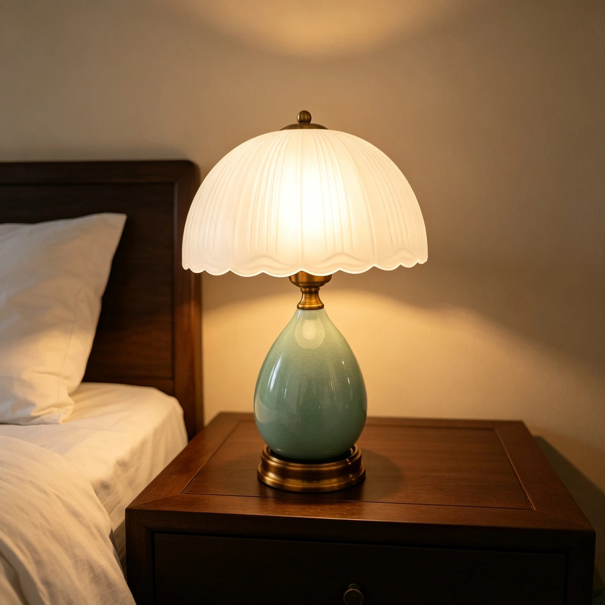 Vintage Crackle Green Ceramic Table Lamp with Frosted Glass Shade