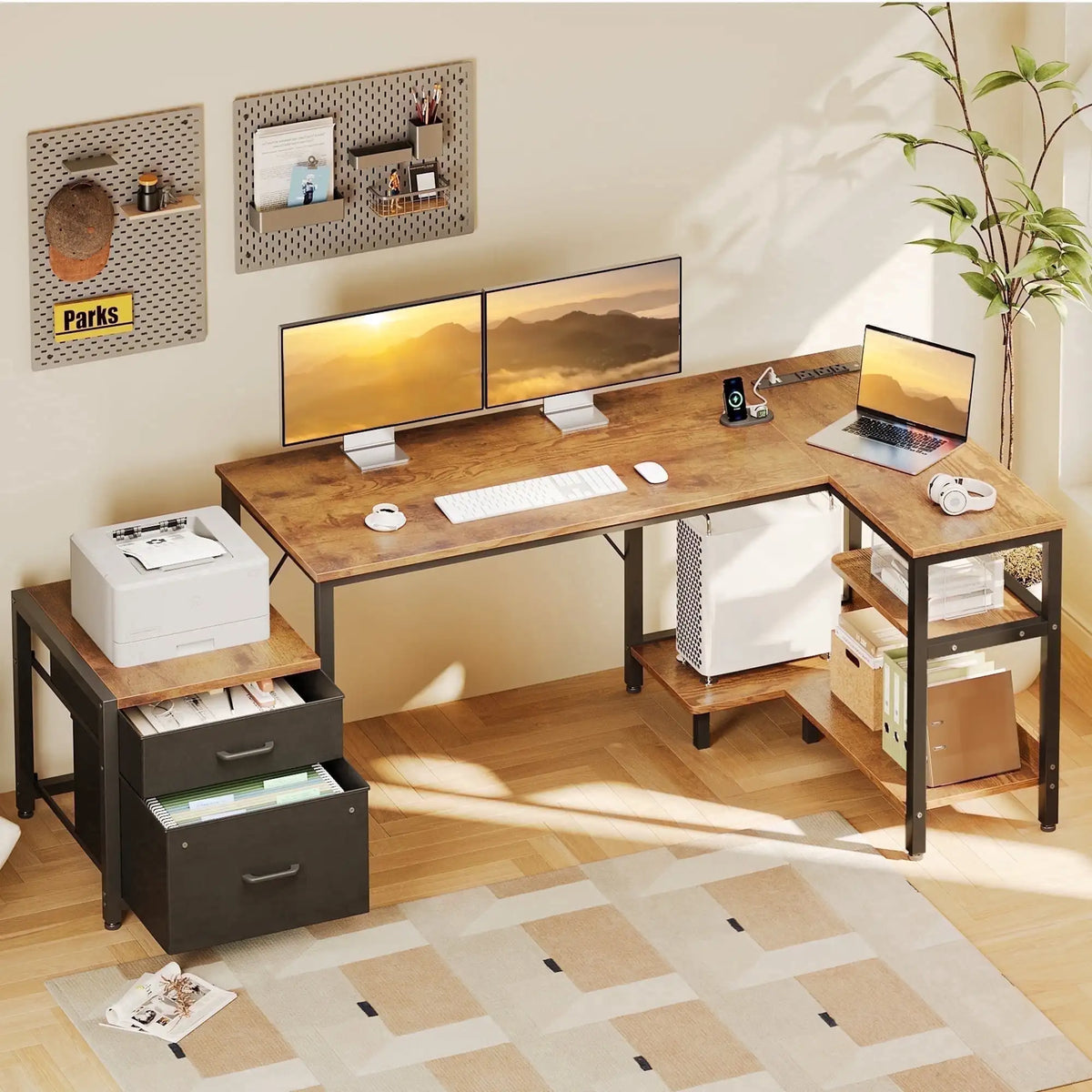 Casacomoda L Shaped Desk Power Outlets File Drawer Home Office
