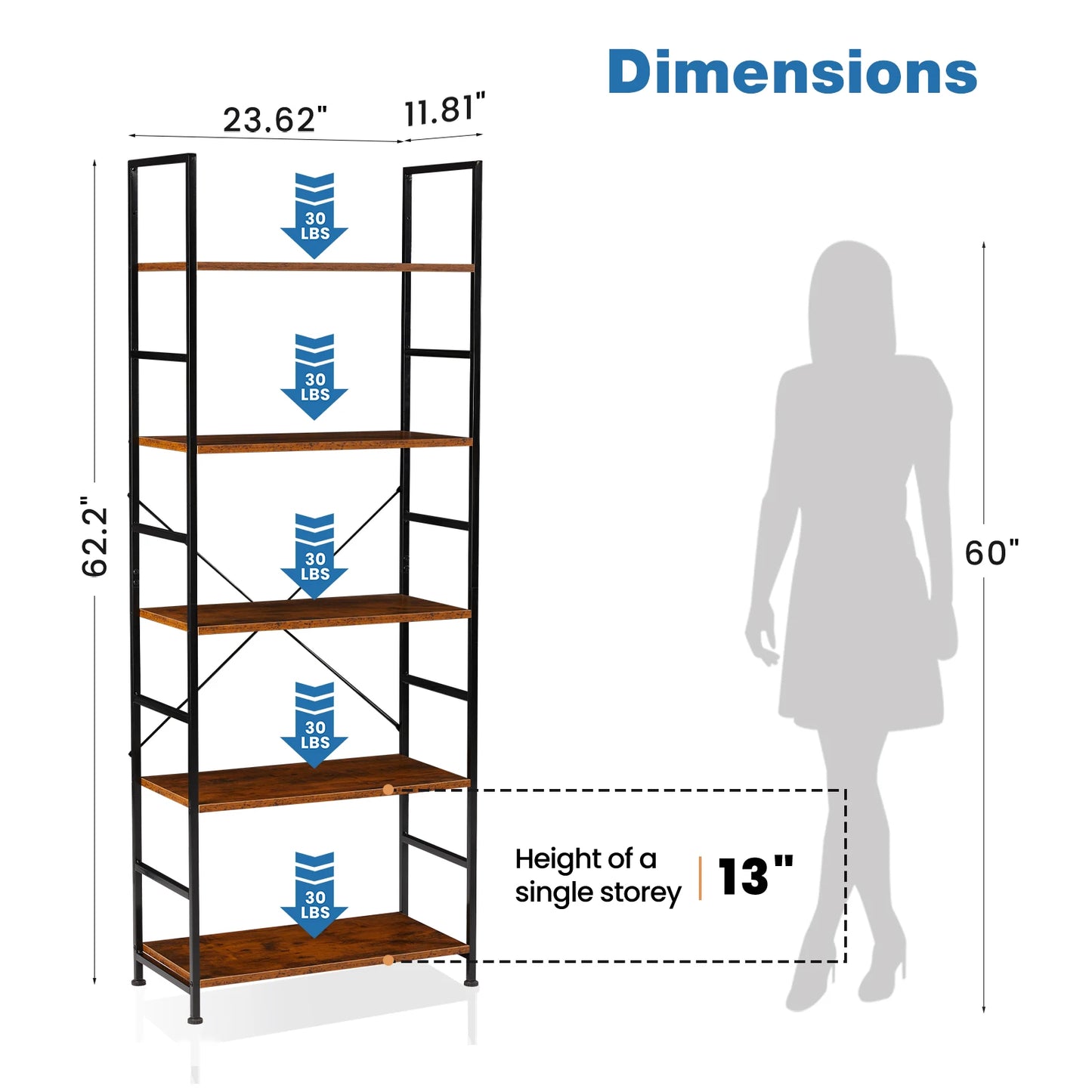 JHK 5 Tier Bookcase Bookshelf Modern Book Case