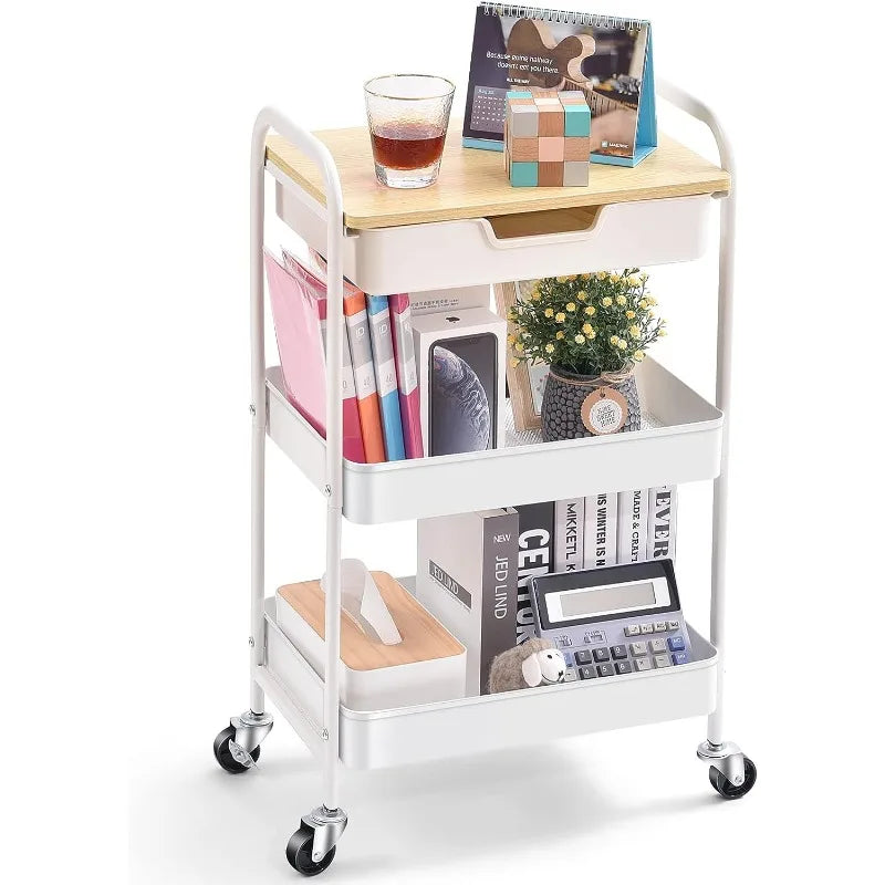 3-Tier Utility Rolling Cart with Wooden Board and Drawer