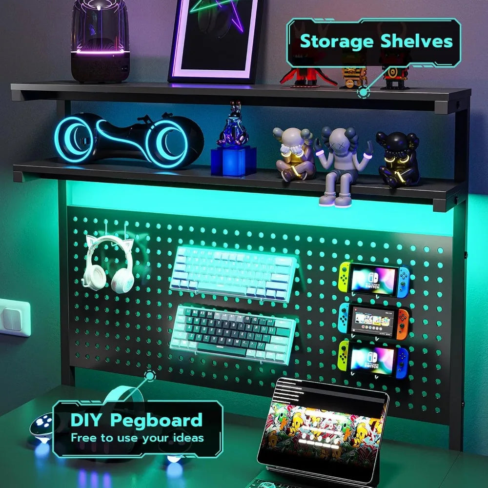 L Shaped Gaming Desk with LED Lights, Pegboard and Drawers