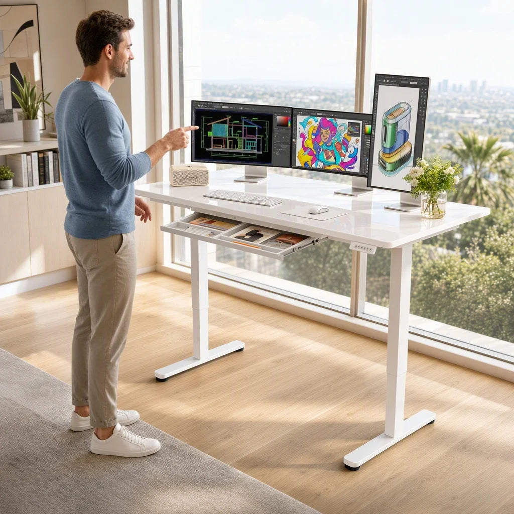 Glass Standing Desk with Drawer 58 X 28 Adjustable Height