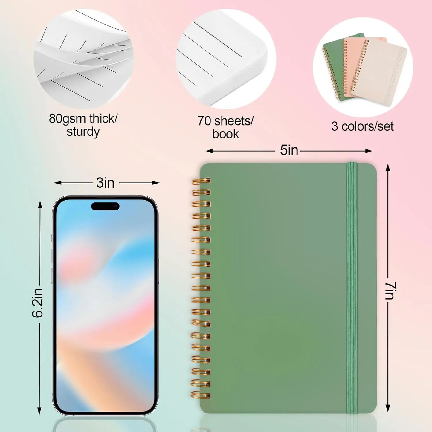 3-Pack Morandi Spiral Notebooks 5x7 with Strap, 70 Sheets