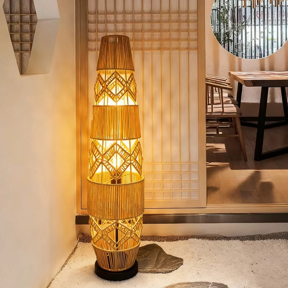 Tall Vintage Wicker Floor Lamp Woven Cane Rattan Art Ethnic LED