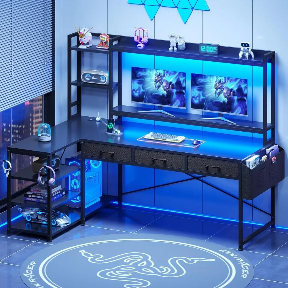 55 L Shaped Gaming Desk with Hutch, Drawers, Shelves and Storage