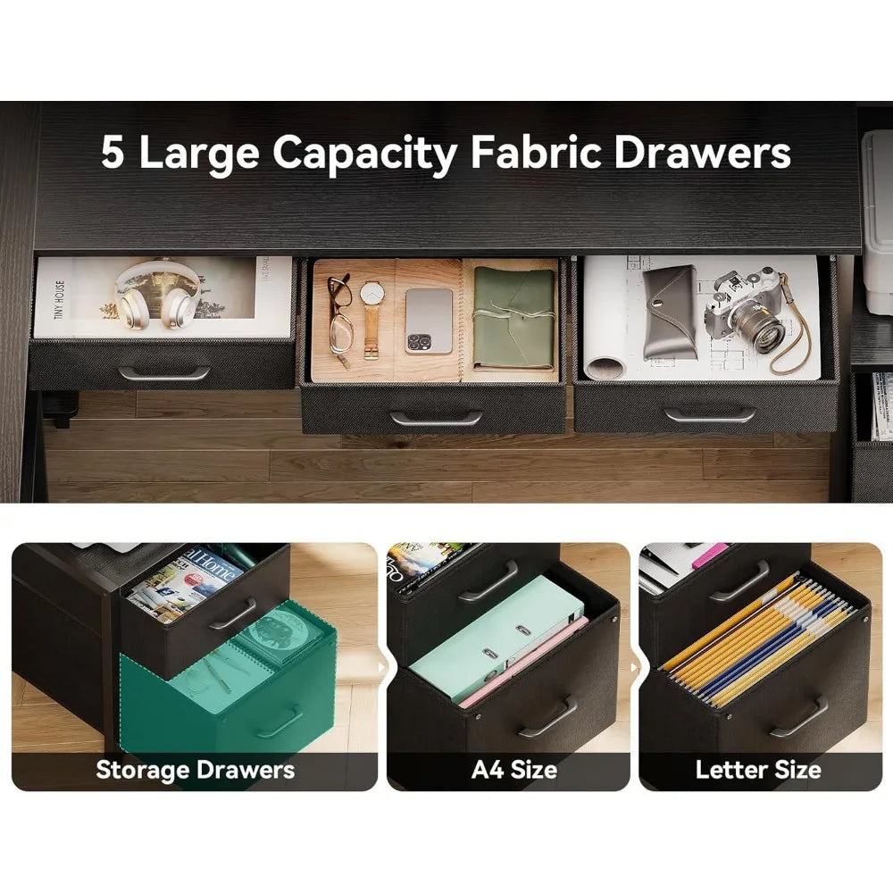 79 inch L Shaped Desk with 5 Drawers, LED Light & 2 Power Outlets