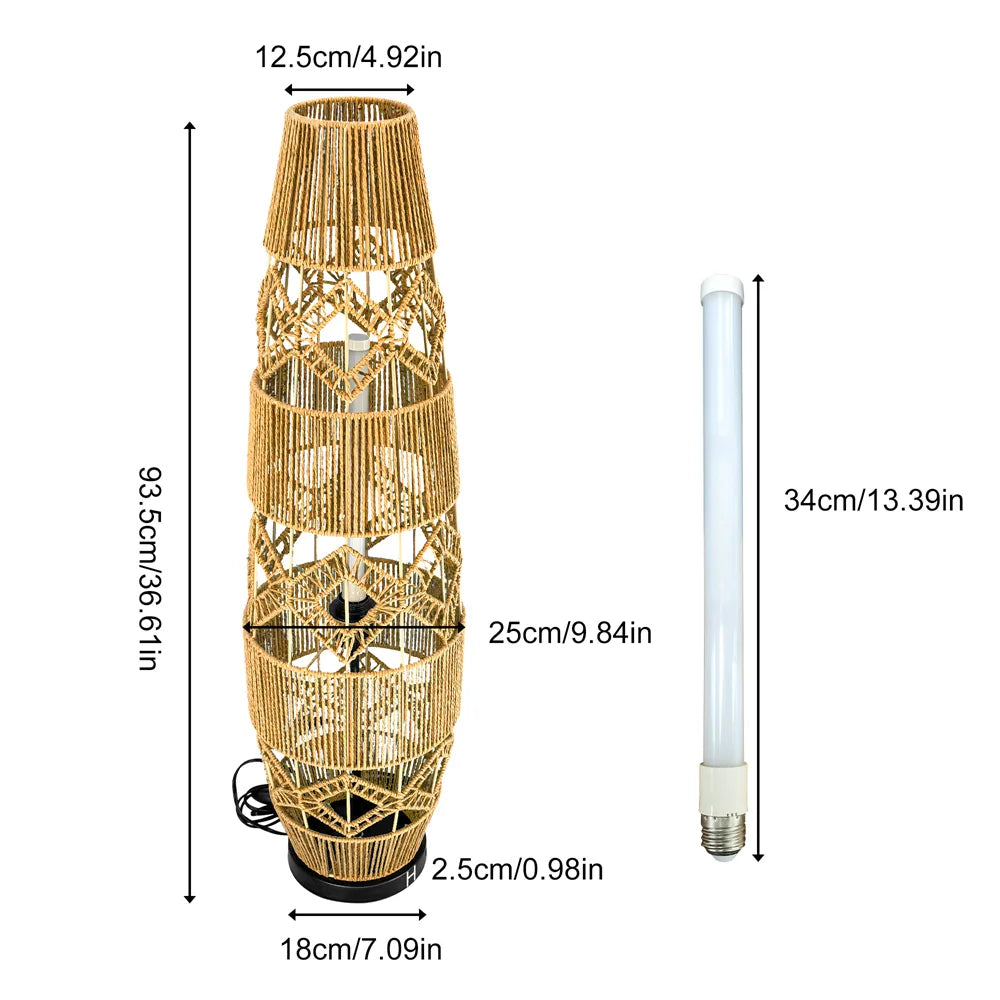 Tall Vintage Wicker Floor Lamp Woven Cane Rattan Art Ethnic LED