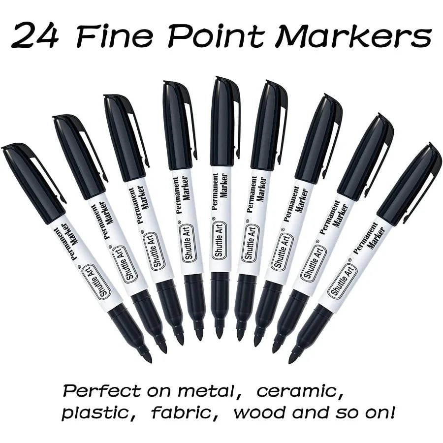 Shuttle Art 24 Black Permanent Markers Fine Tip Markers