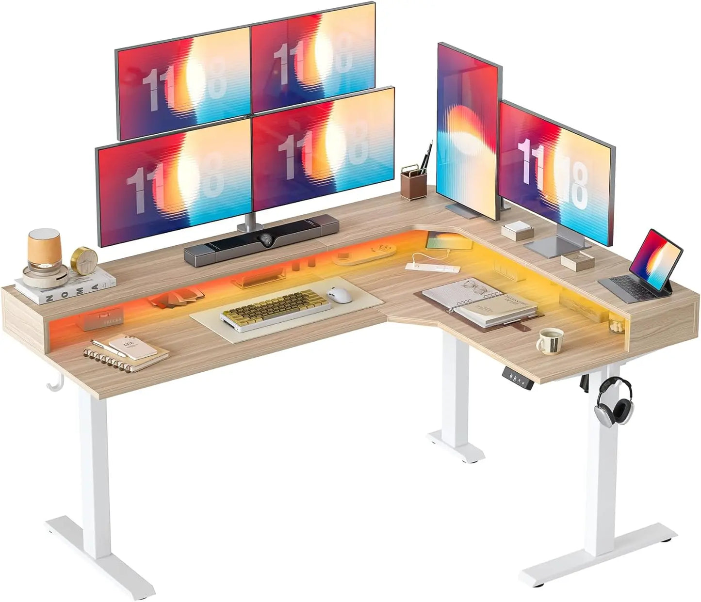 63'' L-Shaped Standing Desk with LED Light Strip and Power Outlet