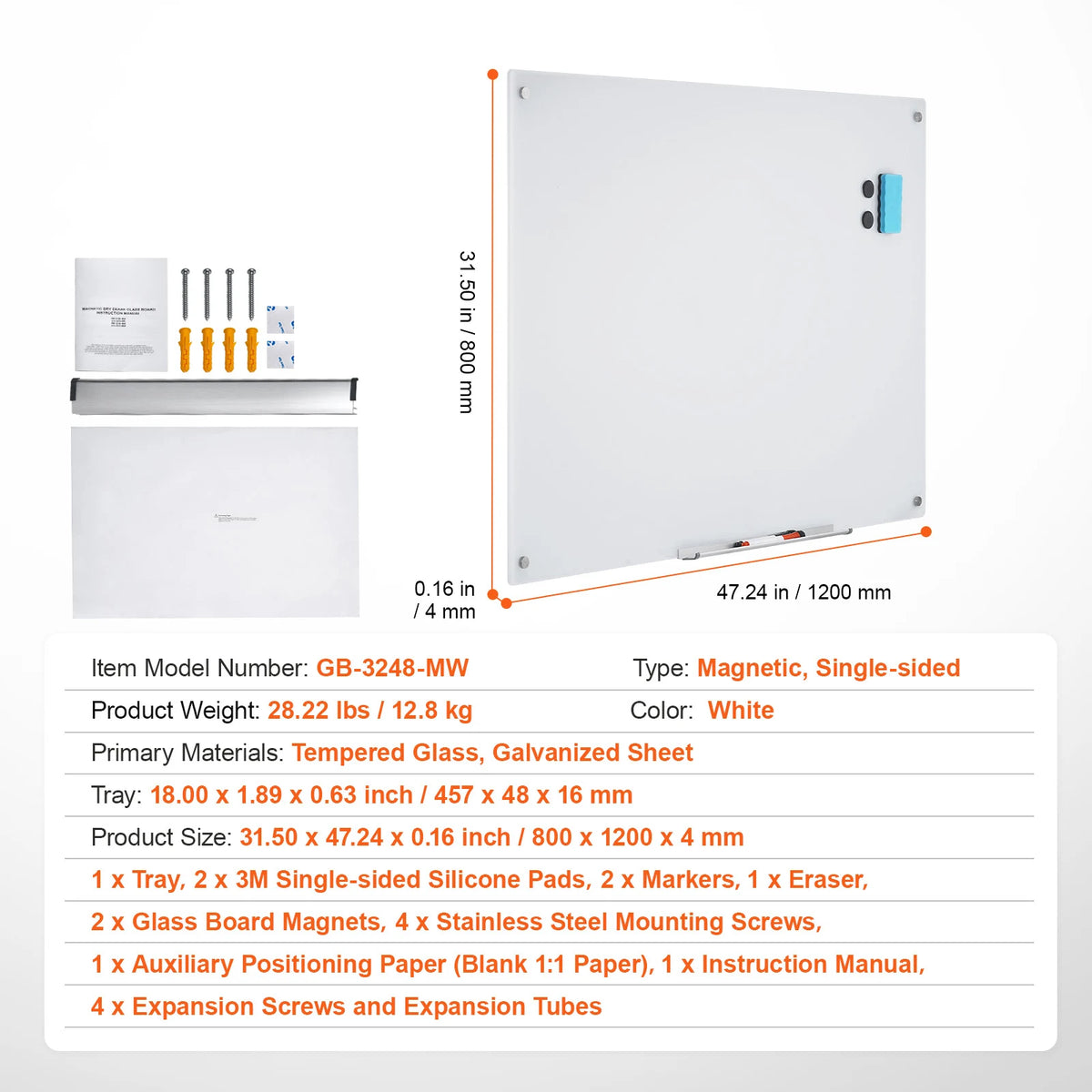 VEVOR Magnetic Glass Whiteboard 36"x24"/48"x32"/72"x36"