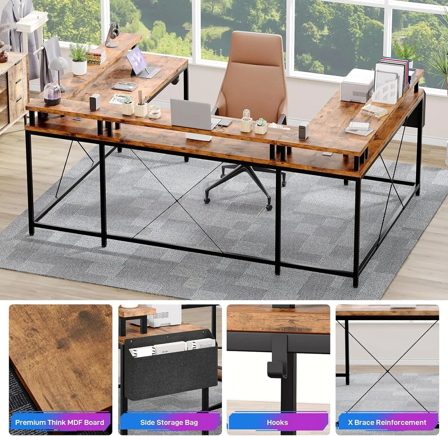 U Shaped Gaming Desk with Monitor Stand and 2 Power Outlet