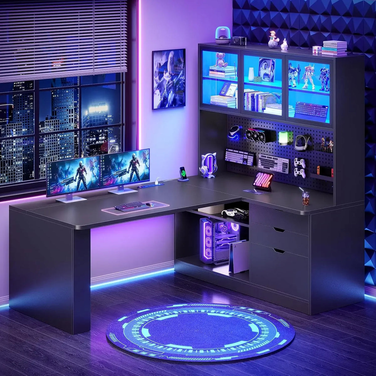 L Shaped Corner Gaming Desk with 3 Wood Drawer and Large Bookshelf