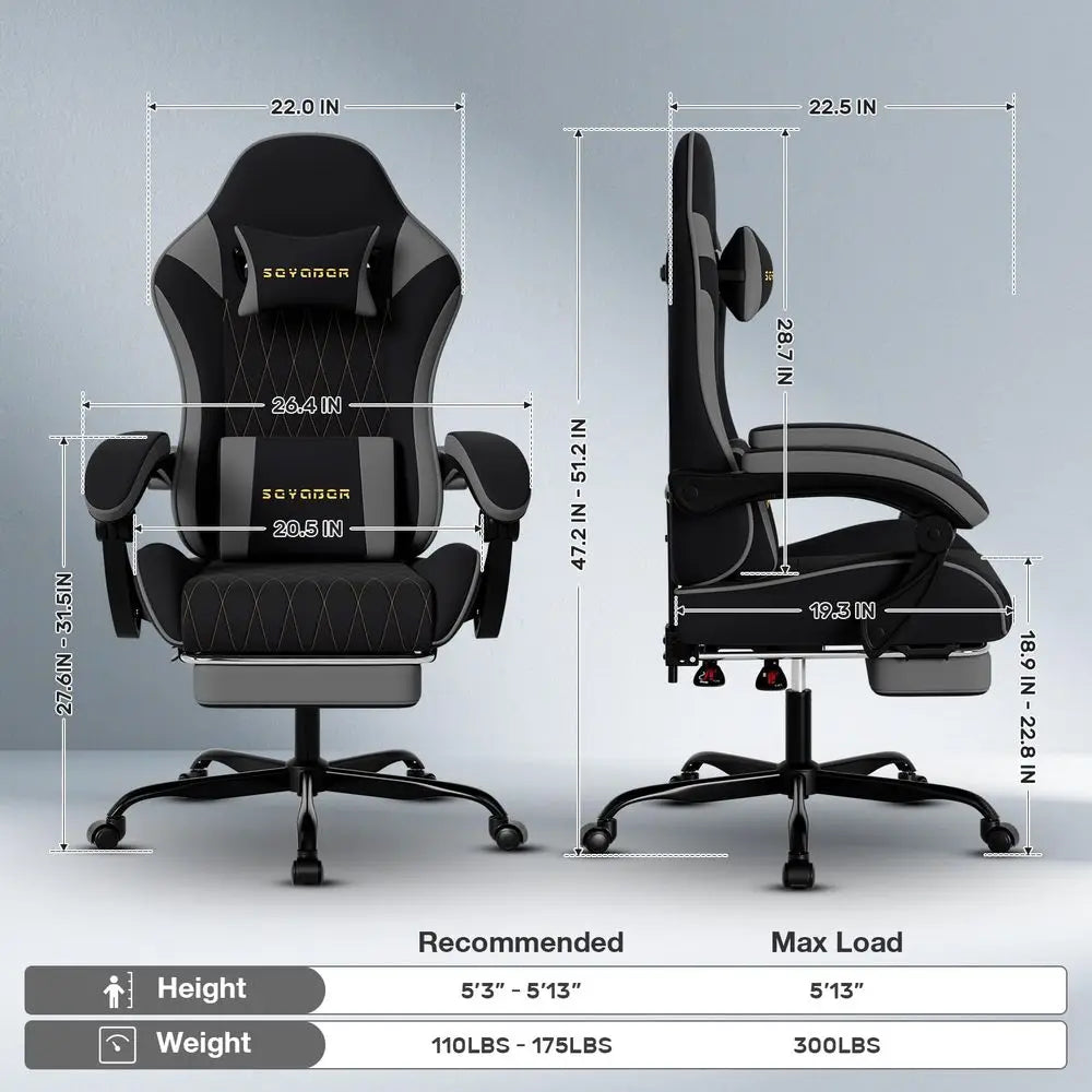 Fabric Gaming Chair with Footrest, Gold Diamond Stitching, Height Adjustable