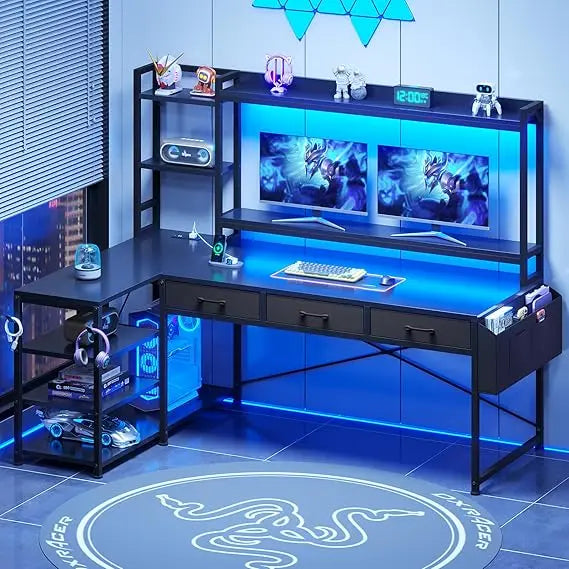 55 L Shaped Gaming Desk with Hutch, Drawers, Shelves and Storage