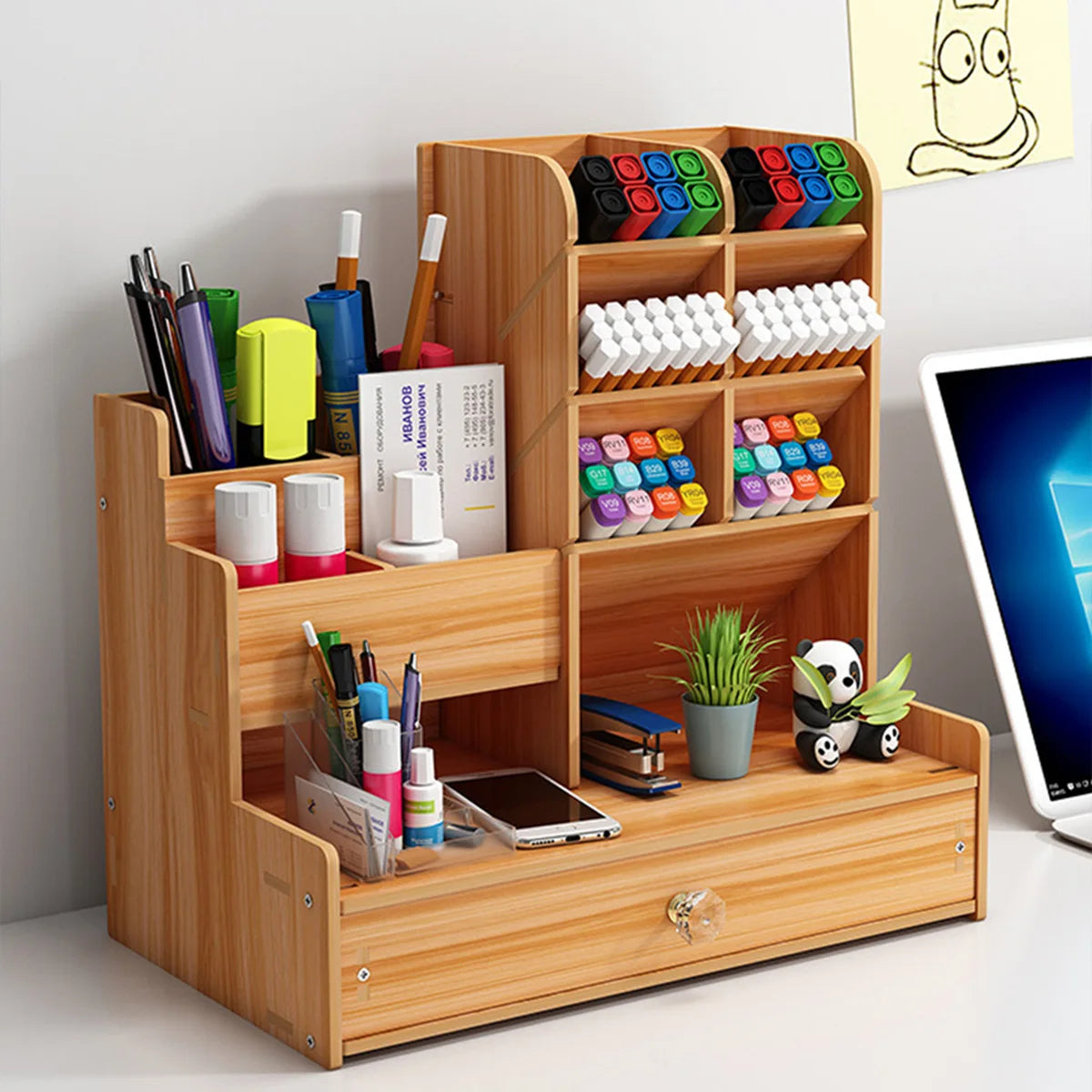 Simple Wooden Pen Holder Storage Shelf With Drawer