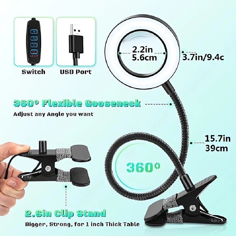 LED Clip-On Magnifying Desk Lamp 5X Magnifier USB Powered 3 Colors 10 Levels