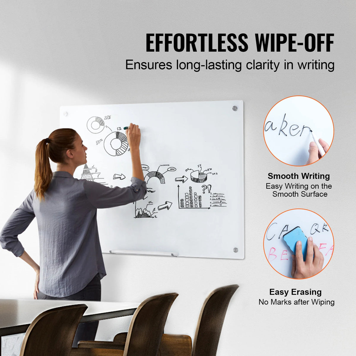 VEVOR Magnetic Glass Whiteboard 36"x24"/48"x32"/72"x36"