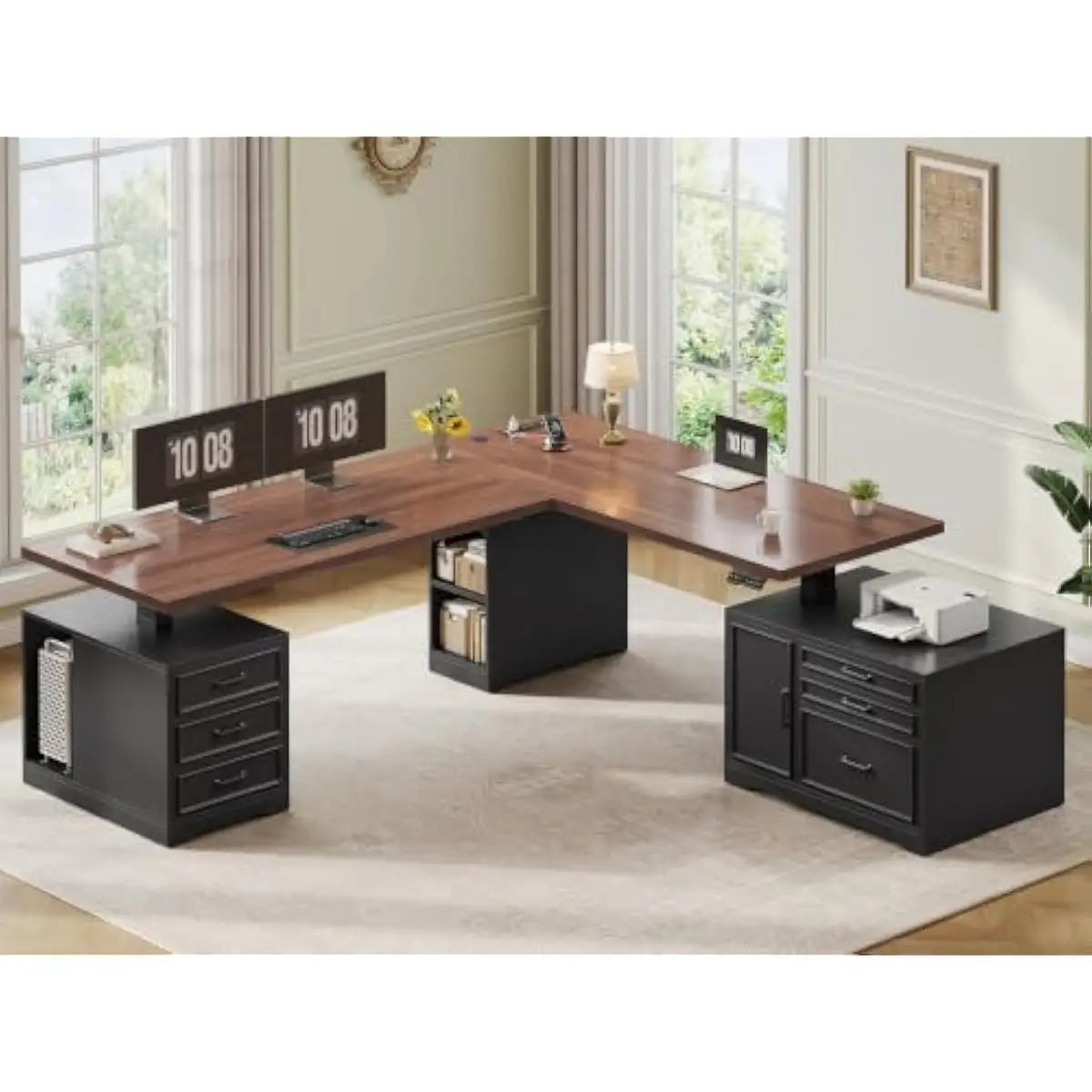 L Shaped Electric Height Adjustable Desk 76.8 x 55 with File Drawer