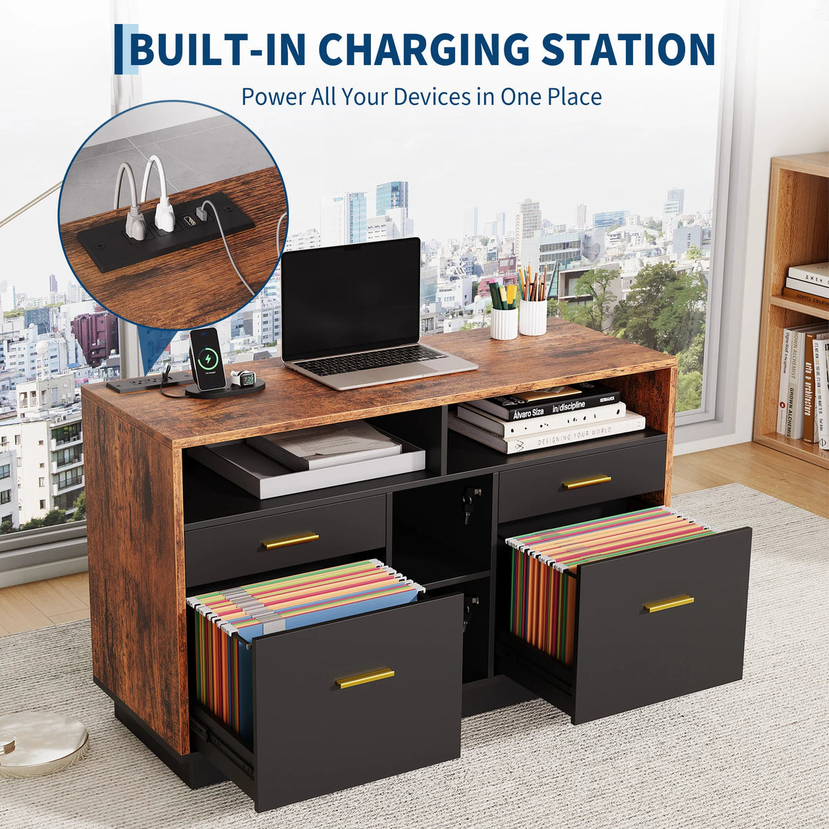 4 Drawer Lateral File Cabinet With Lock And Power Outlet, Home Office