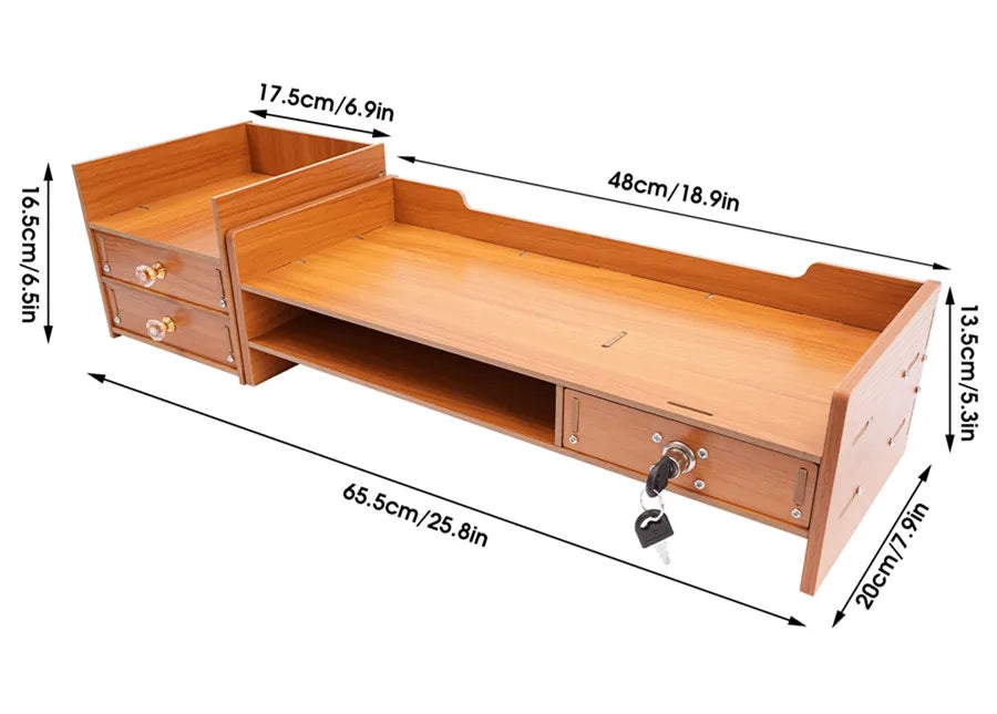 Computer Monitor Stand, Wooden Desk Organizer with Drawers