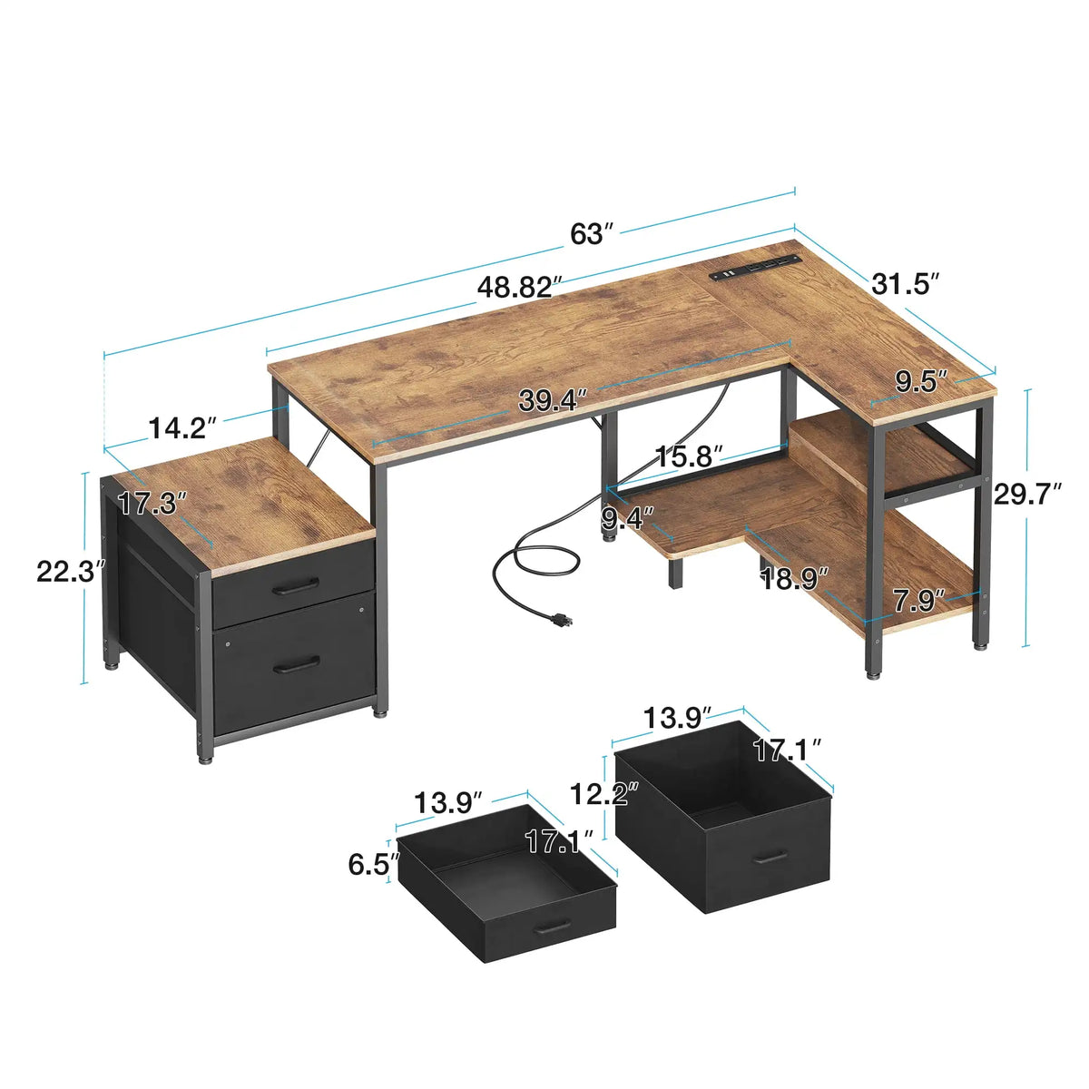 Casacomoda L Shaped Desk Power Outlets File Drawer Home Office
