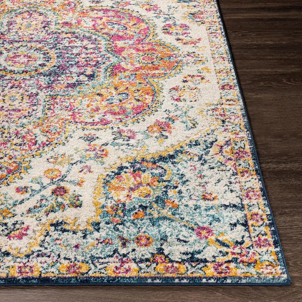 Vintage Boho Fuchsia Mustard Blue Floral Medallion Area Rug, 7x9