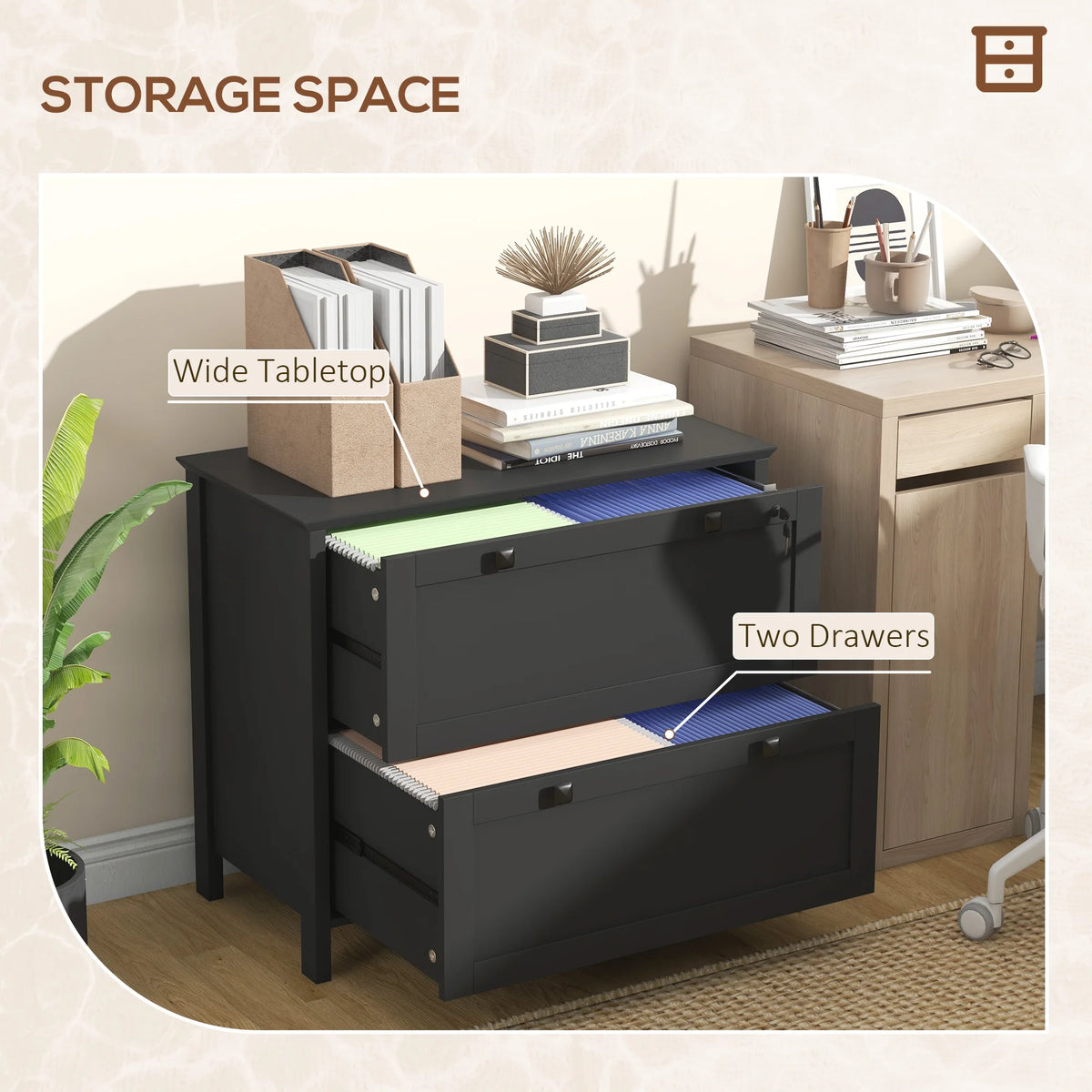 HOMCOM 2 Drawer File Cabinet with Lock, for Home Office, Black