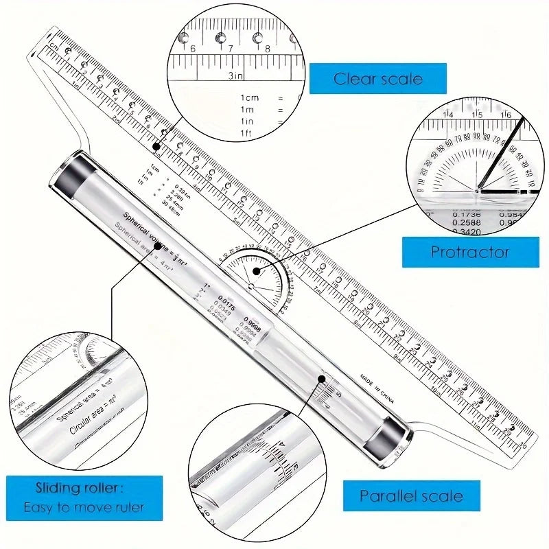 2Pcs Plastic Ruler Drawing Roller Ruler Multi-functional