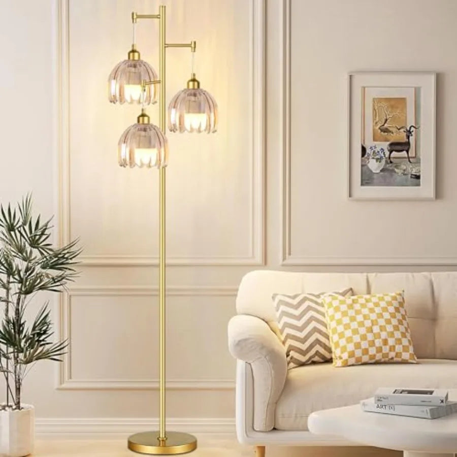 Gold Floor Lampswith Glass Lampshade and Three Led Bulb