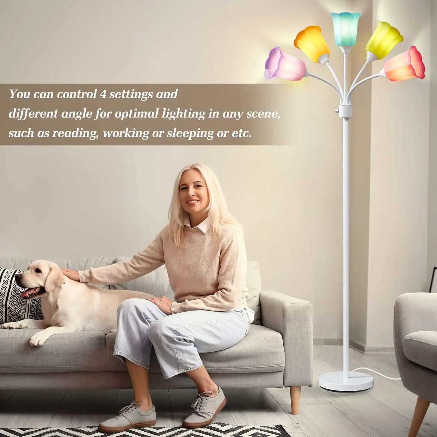 Modern Adjustable Multi-Head Floor Lamp with 6 Color Lampshades